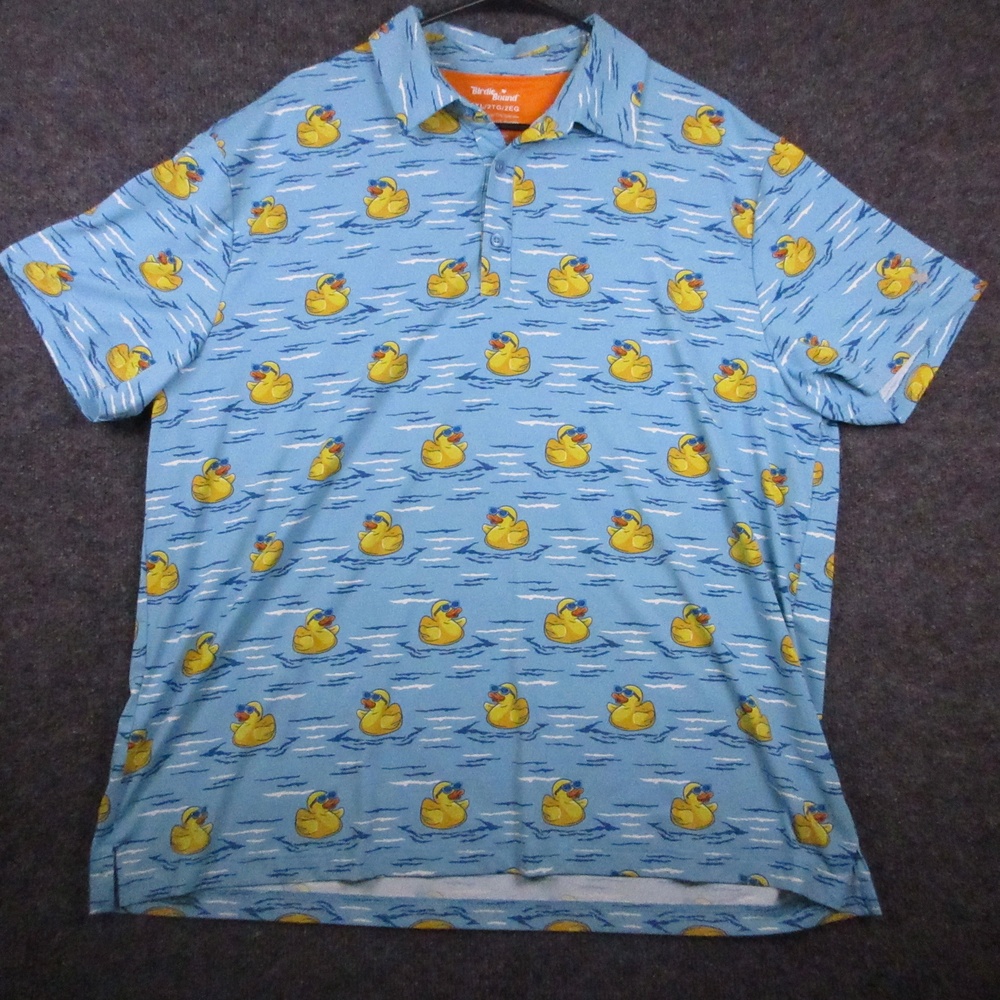 Birdie Bound Polo Shirt Mens 2XL Blue Rubber Duck Print Golf Performance Novelty